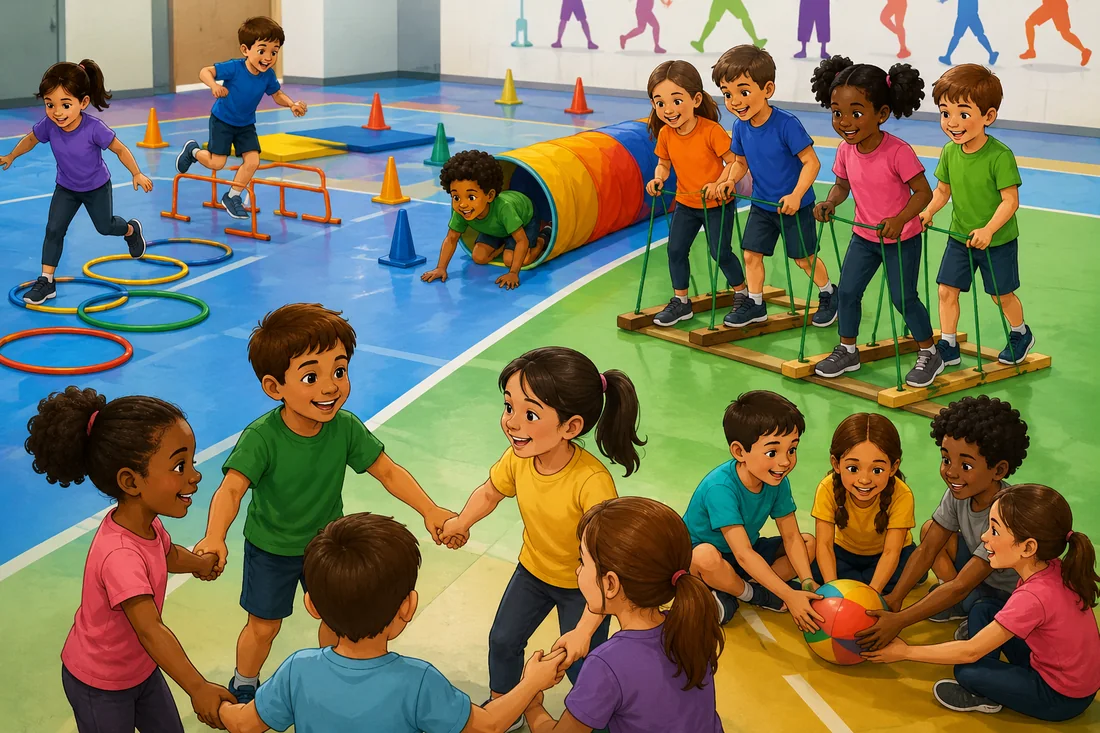 Criança lendo livro mágico com personagens de educação física